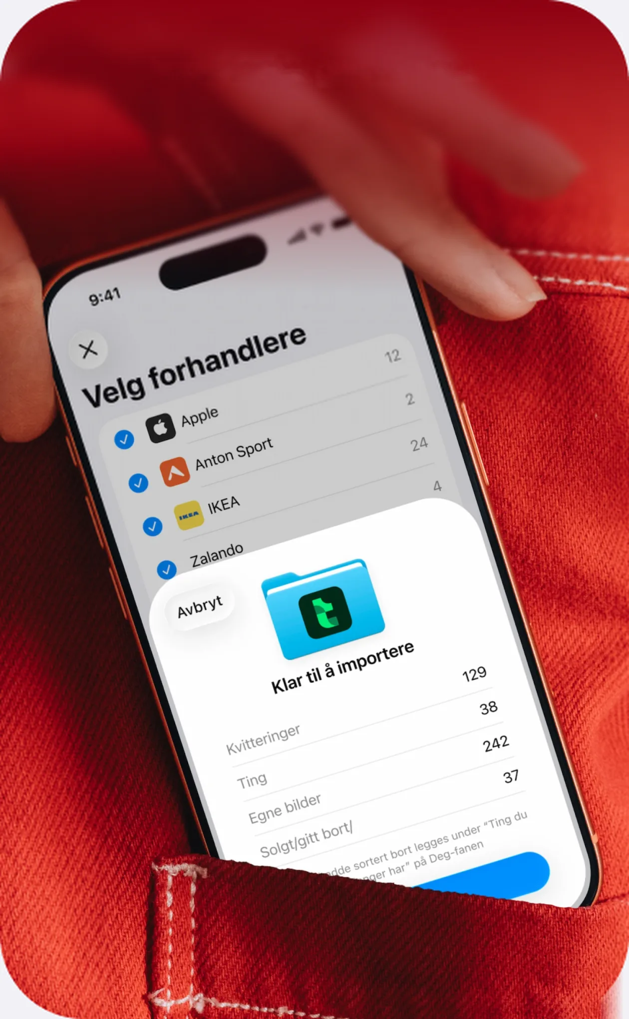 Tings importerer fra den gamle appen: en liste over butikker og en dialog som sier «Klar til å importere» med 129 kvitteringer og 242 ting
